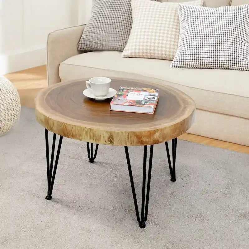 Natural Live Edge Round Wood Slab End Table Hairpin Legs