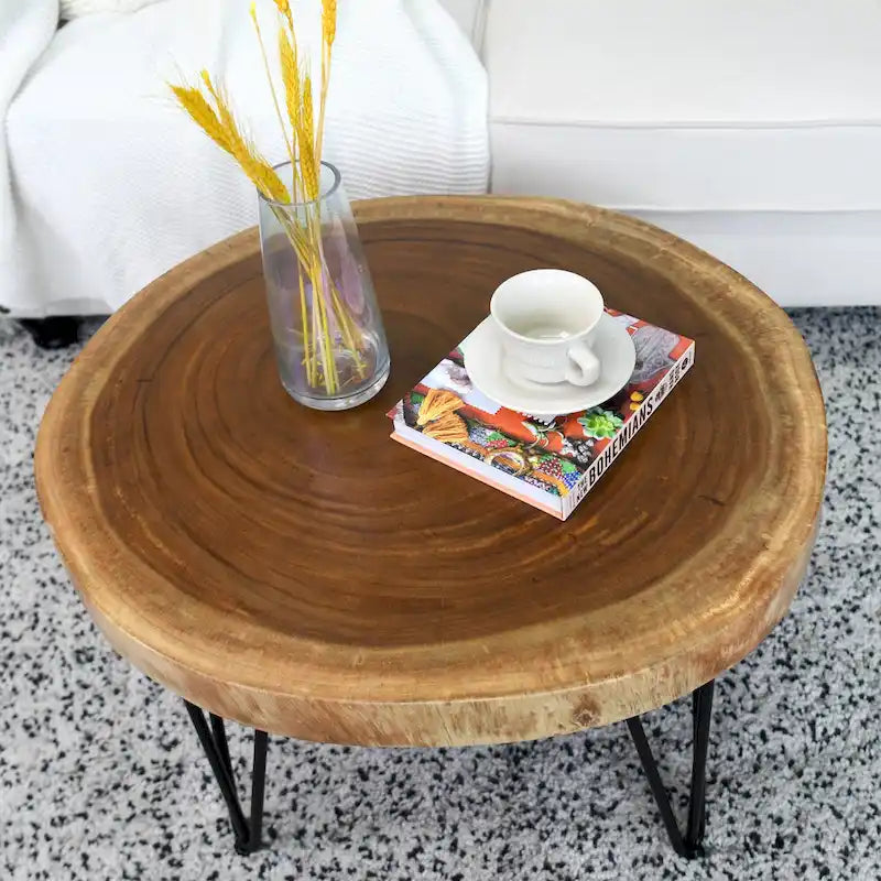 Natural Live Edge Round Wood Slab End Table Hairpin Legs