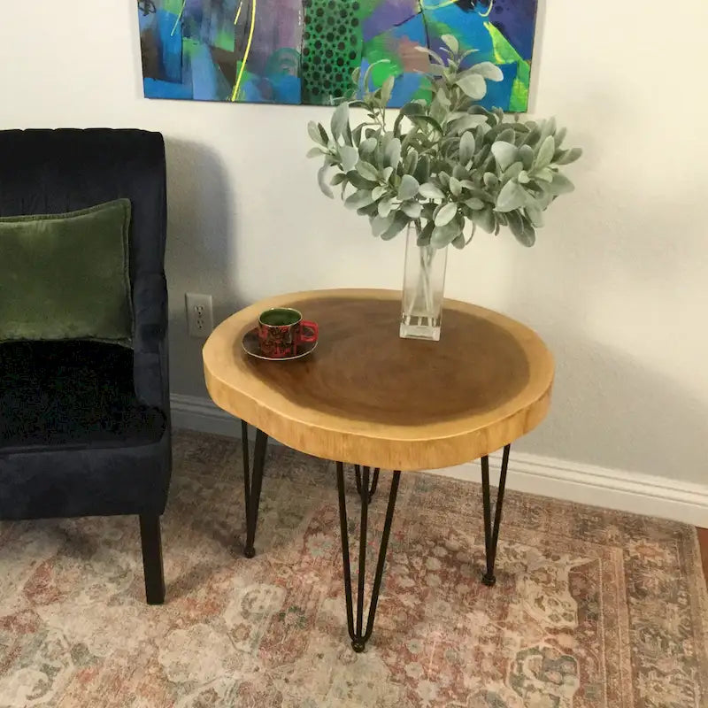 Natural Live Edge Round Wood Slab End Table Hairpin Legs