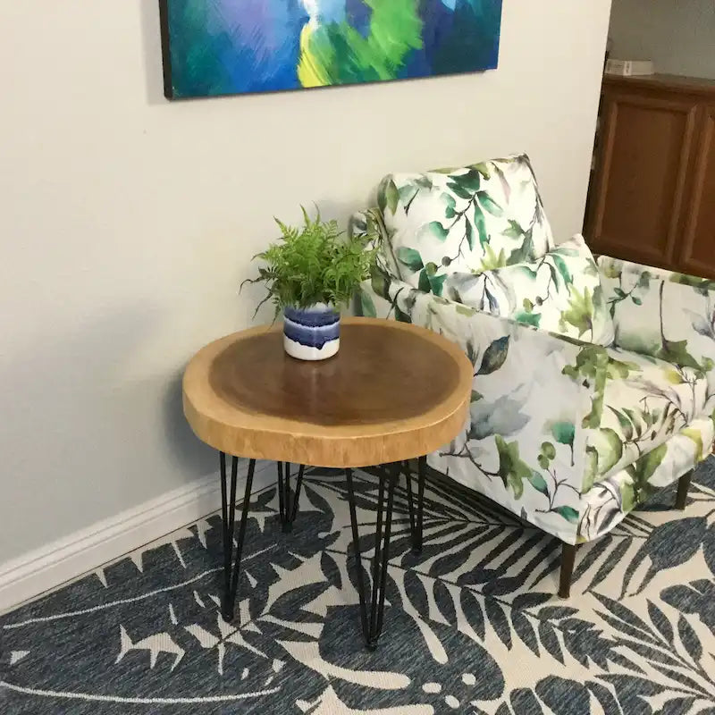 Natural Live Edge Round Wood Slab End Table Hairpin Legs