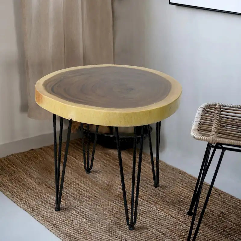 Natural Live Edge Round Wood Slab End Table Hairpin Legs