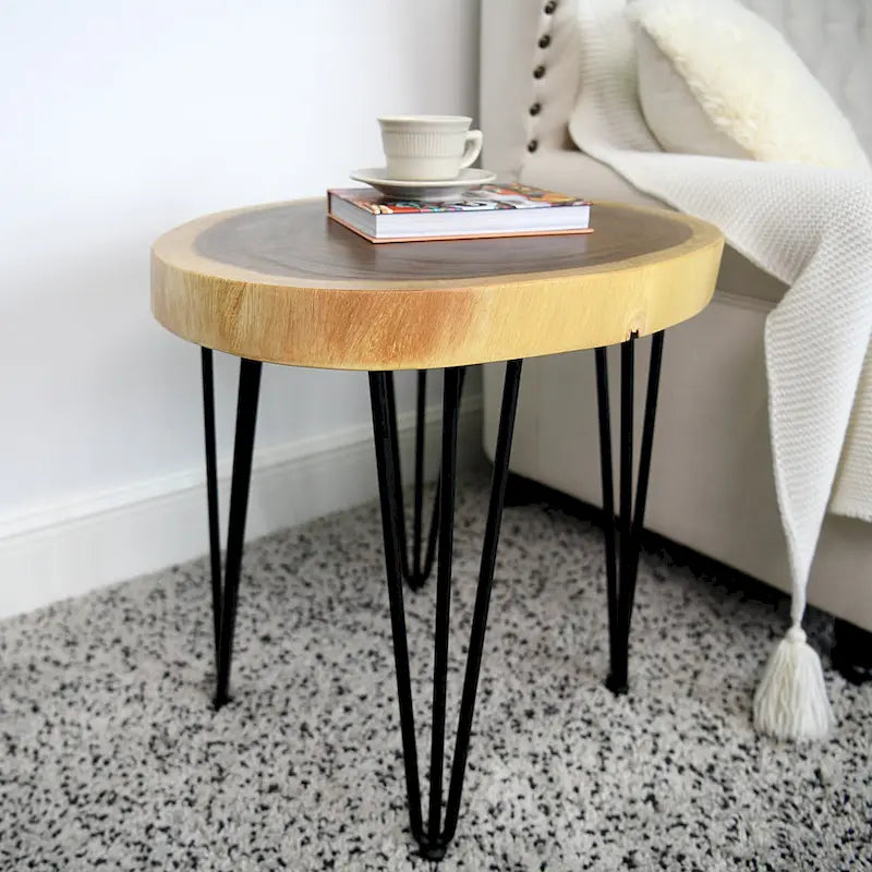 Natural Live Edge Round Wood Slab End Table Hairpin Legs