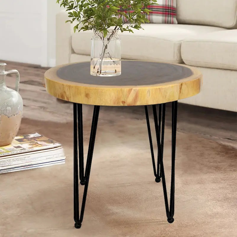 Natural Live Edge Round Wood Slab End Table Hairpin Legs