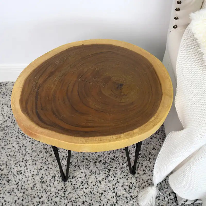 Natural Live Edge Round Wood Slab End Table Hairpin Legs