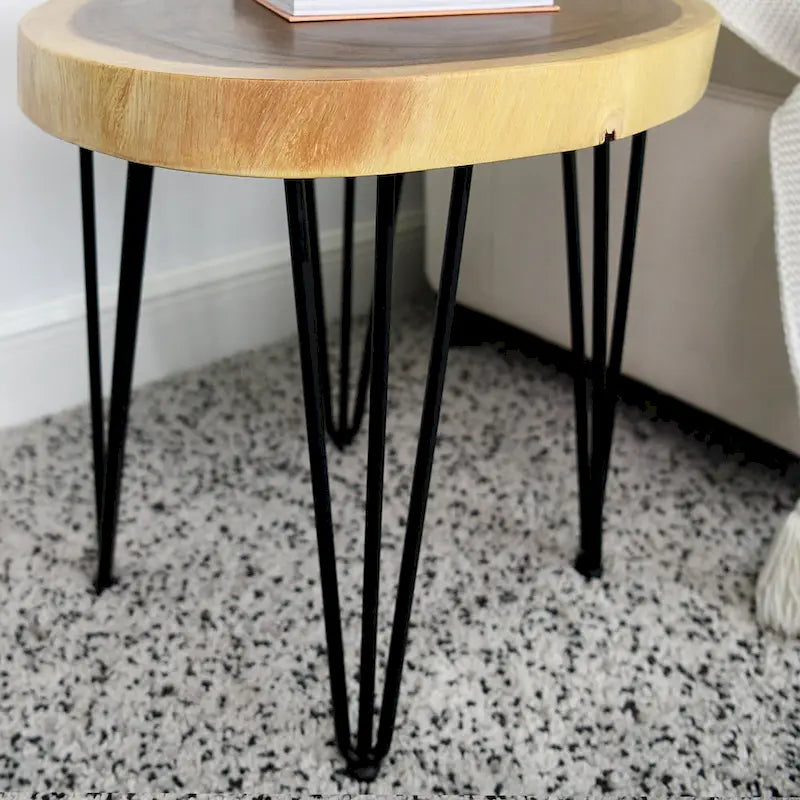 Natural Live Edge Round Wood Slab End Table Hairpin Legs
