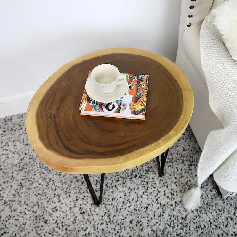Natural Live Edge Round Wood Slab End Table Hairpin Legs