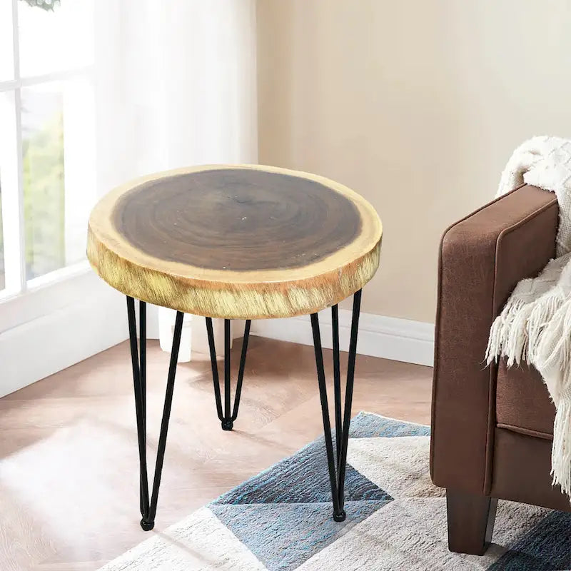 Natural Live Edge Round Wood Slab End Table Hairpin Legs