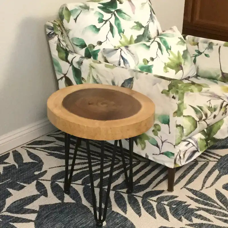 Natural Live Edge Round Wood Slab End Table Hairpin Legs