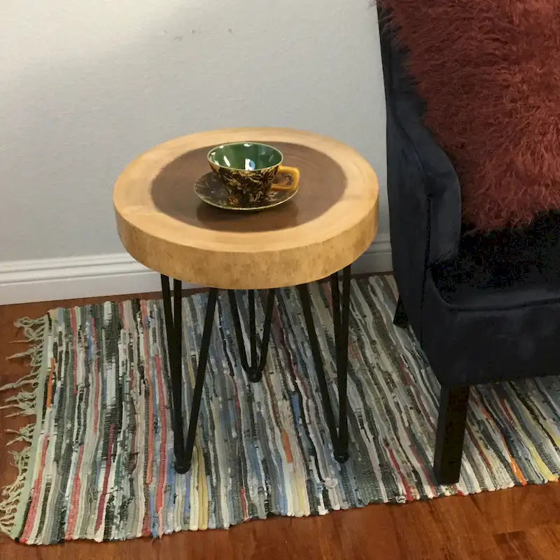 Natural Live Edge Round Wood Slab End Table Hairpin Legs
