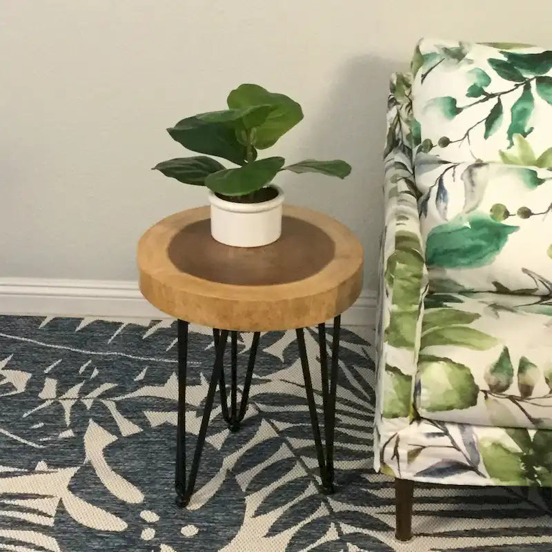 Natural Live Edge Round Wood Slab End Table Hairpin Legs