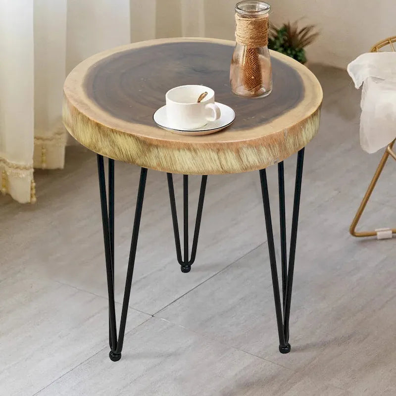 Natural Live Edge Round Wood Slab End Table Hairpin Legs
