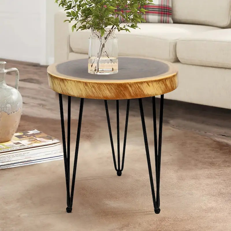 Natural Live Edge Round Wood Slab End Table Hairpin Legs