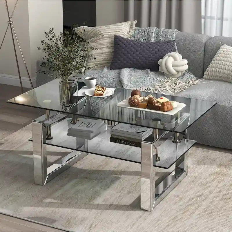 2-Tier Tempered Glass Coffee Table Chrome Stainless Steel Frame Silver Clear