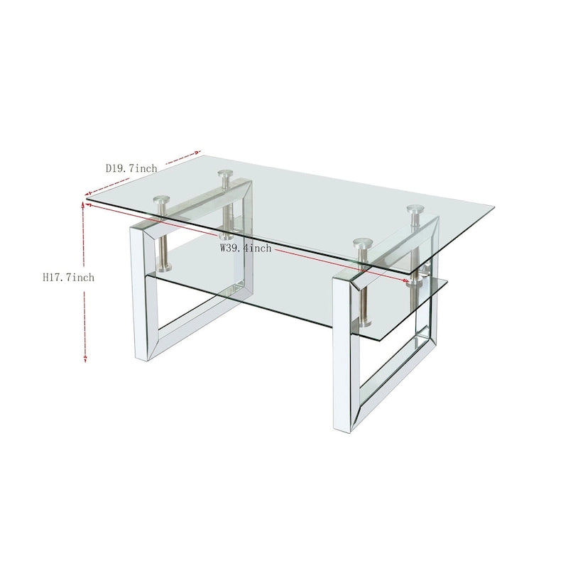 2-Tier Tempered Glass Coffee Table Chrome Stainless Steel Frame Silver Clear