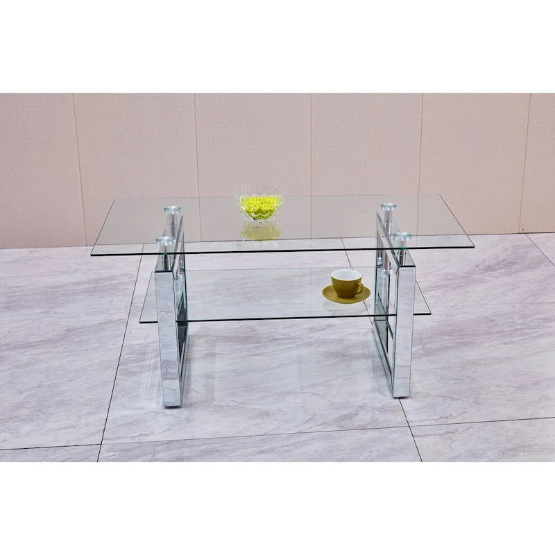 2-Tier Tempered Glass Coffee Table Chrome Stainless Steel Frame Silver Clear