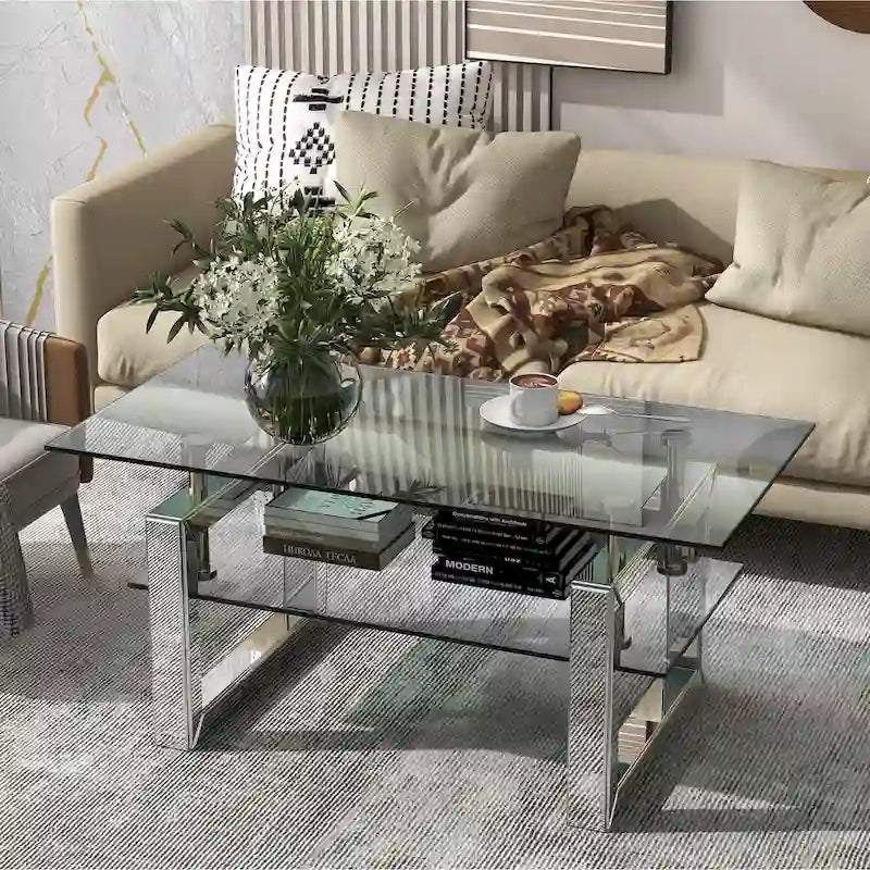 2-Tier Tempered Glass Coffee Table Chrome Stainless Steel Frame Silver Clear