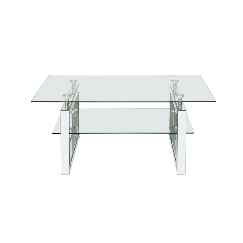 2-Tier Tempered Glass Coffee Table Chrome Stainless Steel Frame Silver Clear
