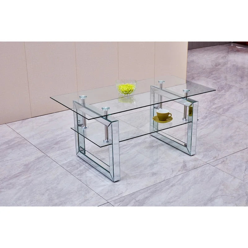 2-Tier Tempered Glass Coffee Table Chrome Stainless Steel Frame Silver Clear