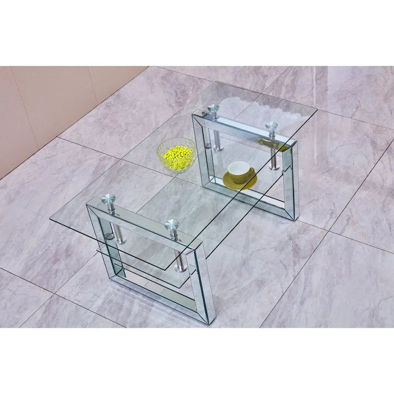 2-Tier Tempered Glass Coffee Table Chrome Stainless Steel Frame Silver Clear