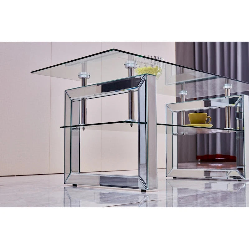 2-Tier Tempered Glass Coffee Table Chrome Stainless Steel Frame Silver Clear
