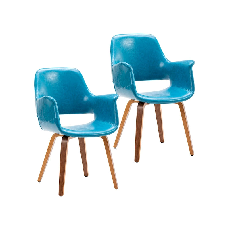 Set of 2 PU Leather Dining Chairs Bentwood Legs Barrel Armchair Blue Green White Black