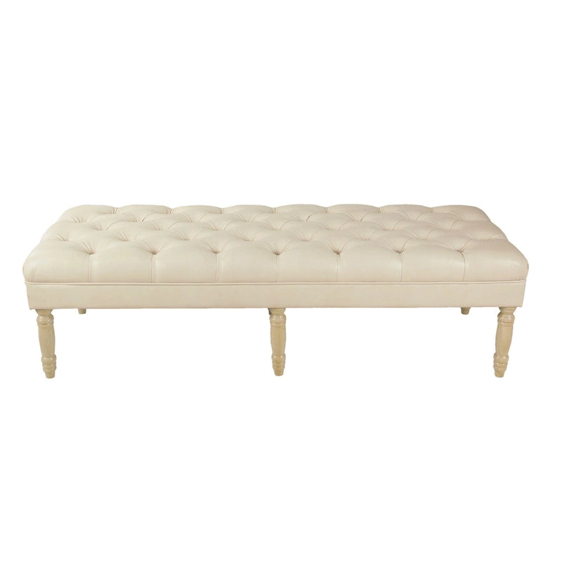 Long Tufted Faux Leather Bench Ottoman Turned Wood Legs Cream Brown