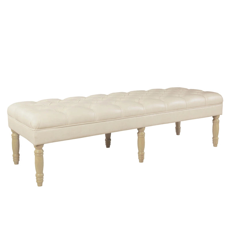 Long Tufted Faux Leather Bench Ottoman Turned Wood Legs Cream Brown