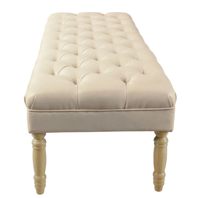 Long Tufted Faux Leather Bench Ottoman Turned Wood Legs Cream Brown