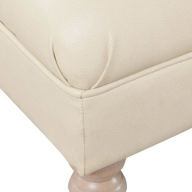 Long Tufted Faux Leather Bench Ottoman Turned Wood Legs Cream Brown