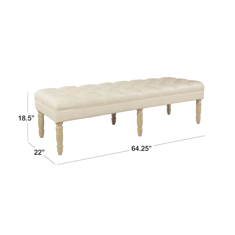 Long Tufted Faux Leather Bench Ottoman Turned Wood Legs Cream Brown