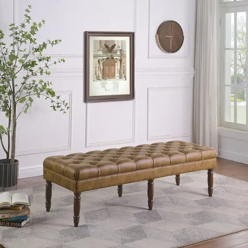 Long Tufted Faux Leather Bench Ottoman Turned Wood Legs Cream Brown