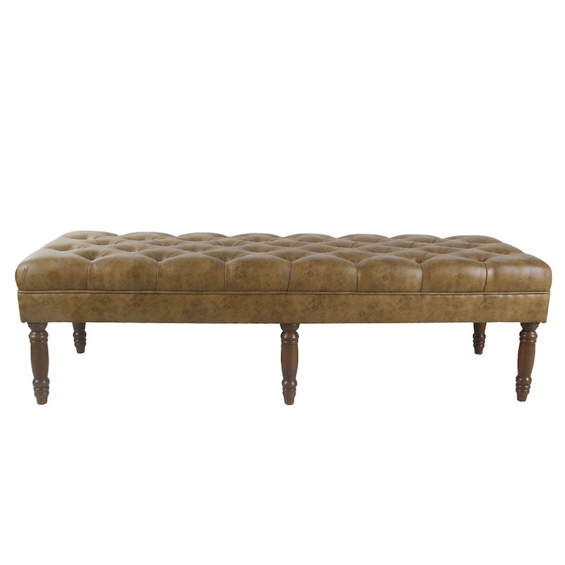 Long Tufted Faux Leather Bench Ottoman Turned Wood Legs Cream Brown