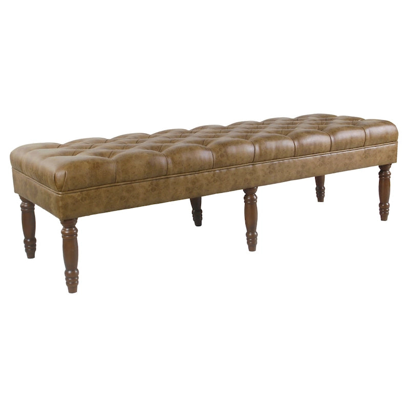 Long Tufted Faux Leather Bench Ottoman Turned Wood Legs Cream Brown