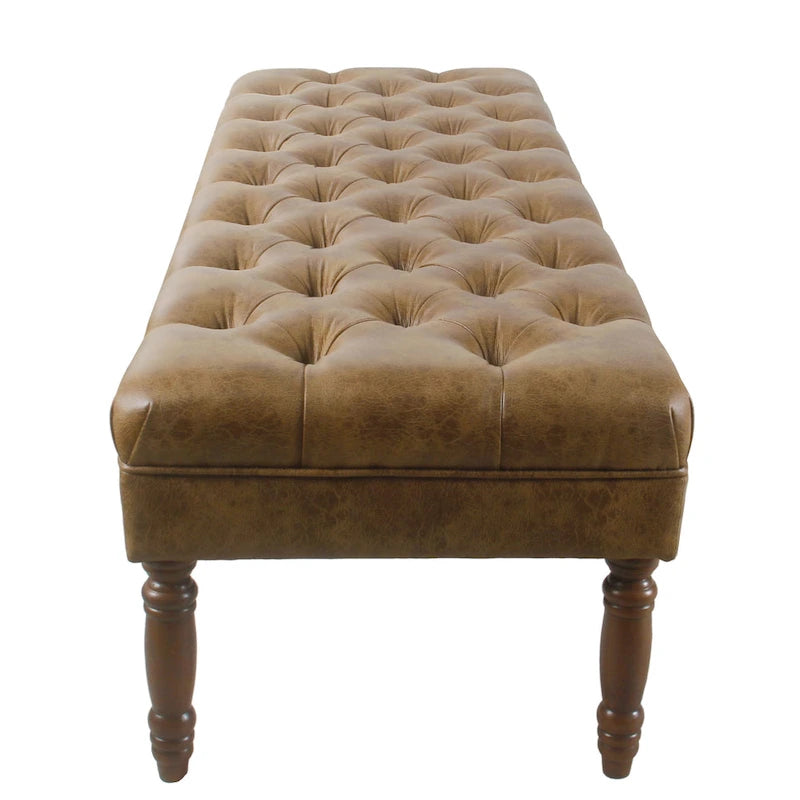 Long Tufted Faux Leather Bench Ottoman Turned Wood Legs Cream Brown