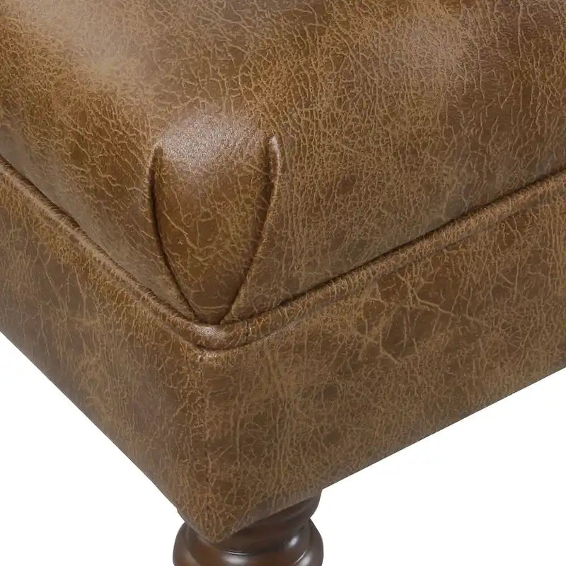 Long Tufted Faux Leather Bench Ottoman Turned Wood Legs Cream Brown