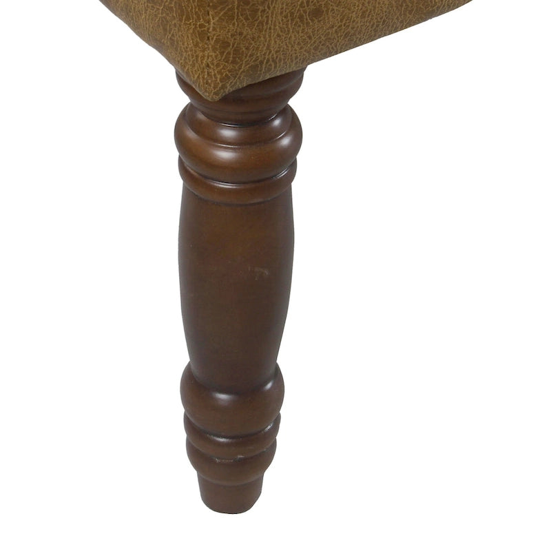 Long Tufted Faux Leather Bench Ottoman Turned Wood Legs Cream Brown