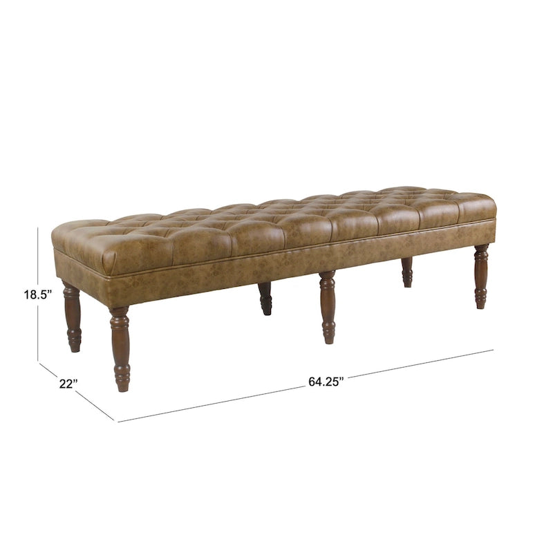 Long Tufted Faux Leather Bench Ottoman Turned Wood Legs Cream Brown
