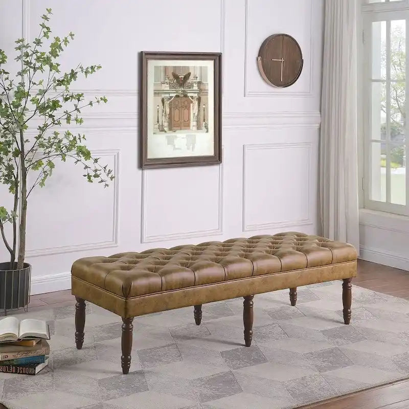 Long Tufted Faux Leather Bench Ottoman Turned Wood Legs Cream Brown