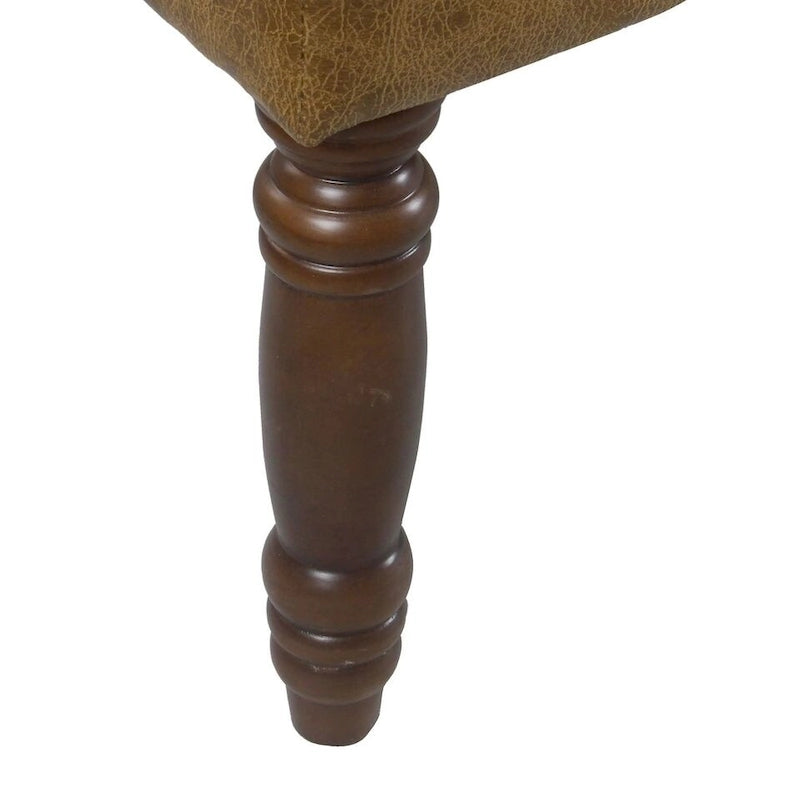 Long Tufted Faux Leather Bench Ottoman Turned Wood Legs Cream Brown