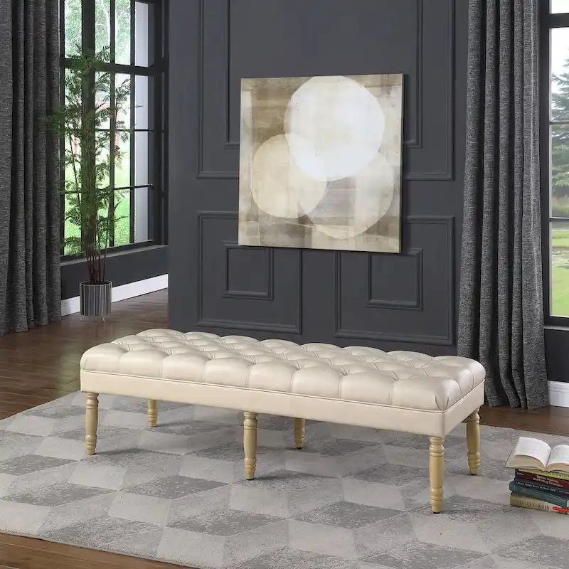 Long Tufted Faux Leather Bench Ottoman Turned Wood Legs Cream Brown