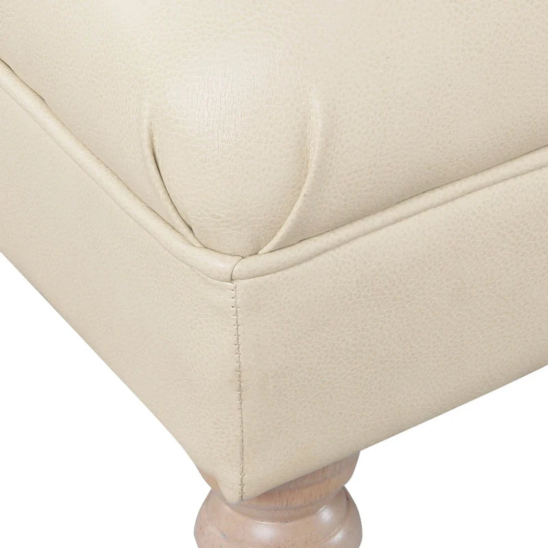 Long Tufted Faux Leather Bench Ottoman Turned Wood Legs Cream Brown
