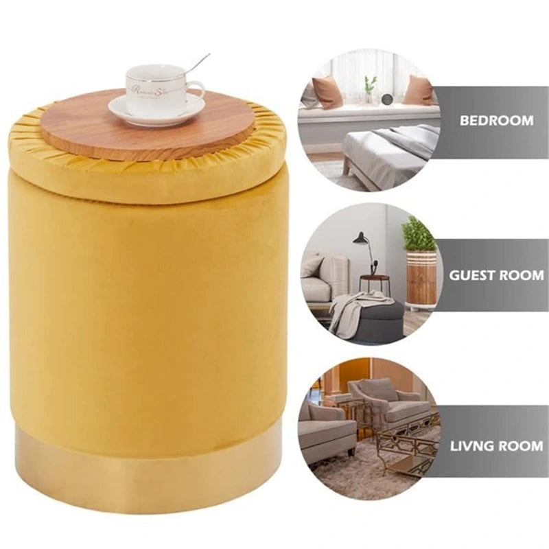 Round Velvet Storage Ottoman Footrest Stool with Gold Metal Base