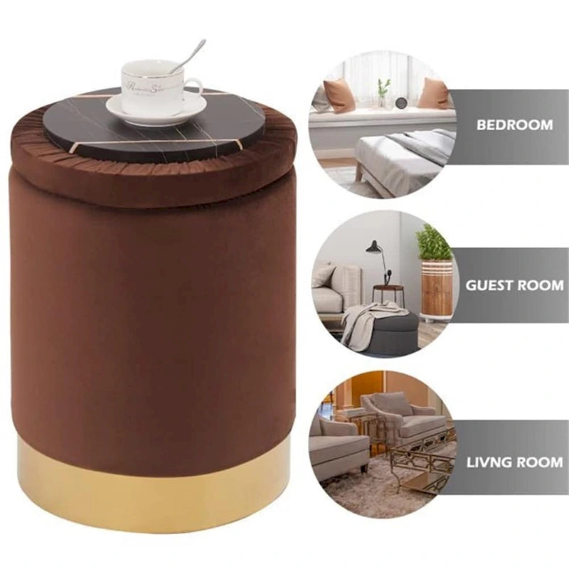 Round Velvet Storage Ottoman Footrest Stool with Gold Metal Base