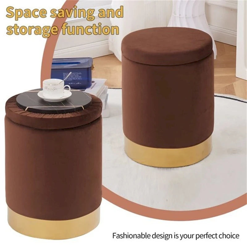 Round Velvet Storage Ottoman Footrest Stool with Gold Metal Base