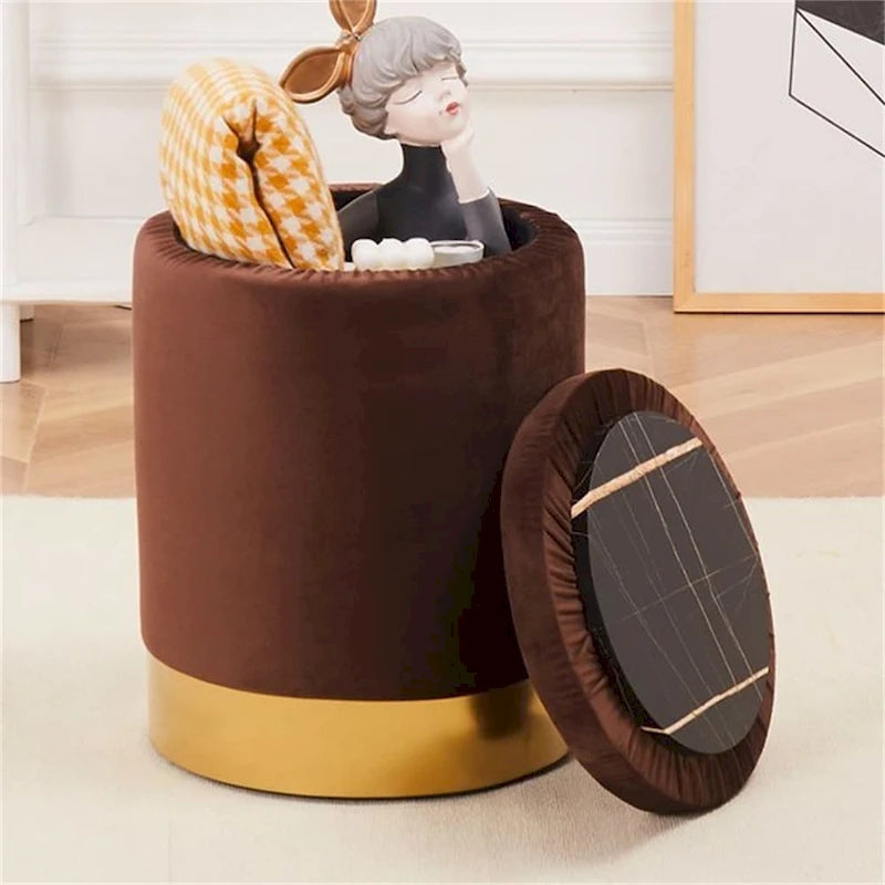 Round Velvet Storage Ottoman Footrest Stool with Gold Metal Base
