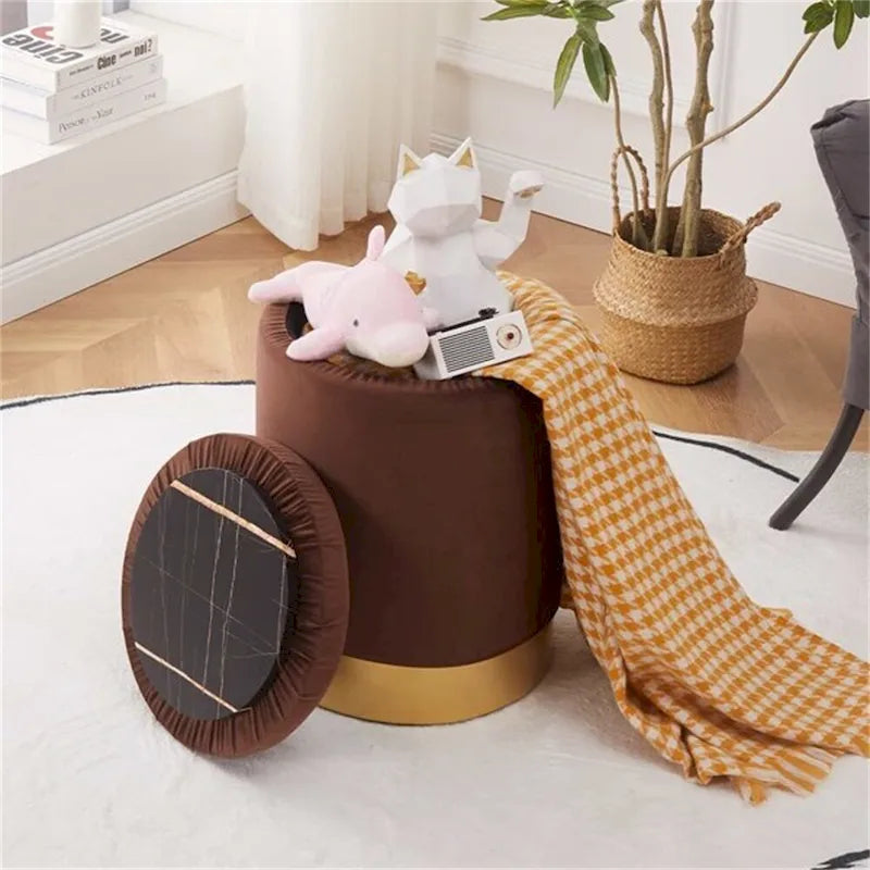 Round Velvet Storage Ottoman Footrest Stool with Gold Metal Base