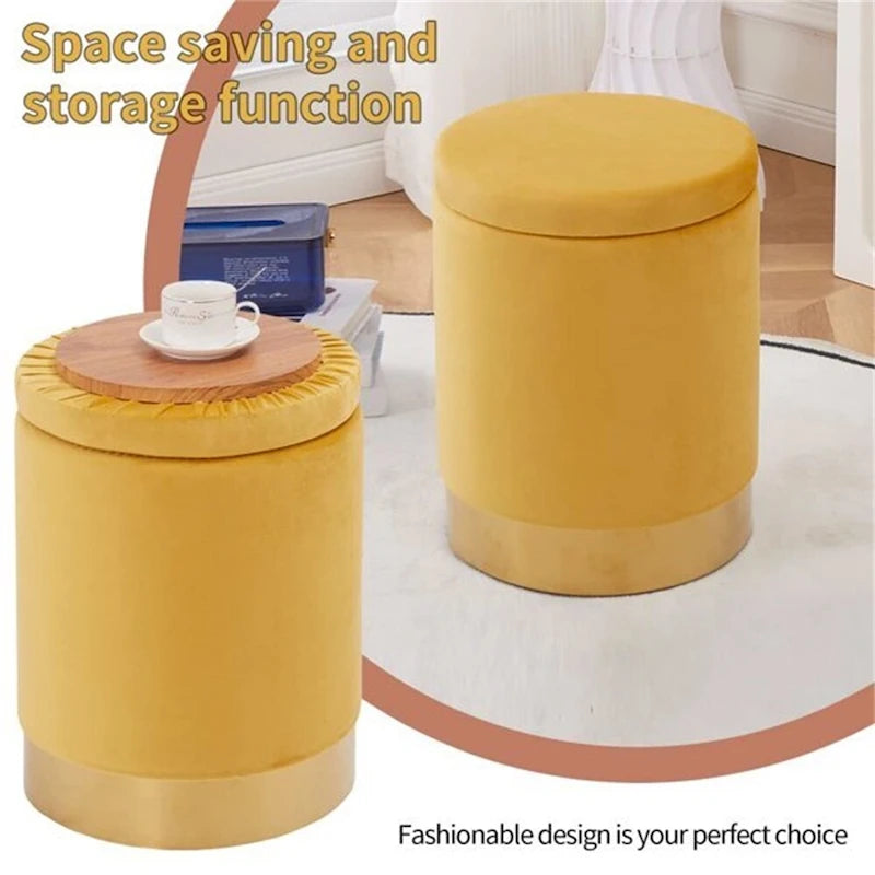 Round Velvet Storage Ottoman Footrest Stool with Gold Metal Base
