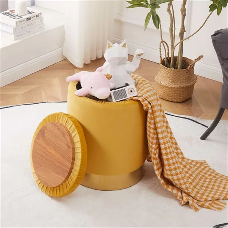 Round Velvet Storage Ottoman Footrest Stool with Gold Metal Base
