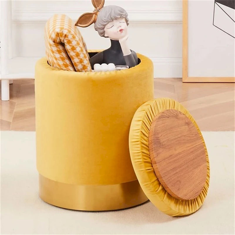 Round Velvet Storage Ottoman Footrest Stool with Gold Metal Base