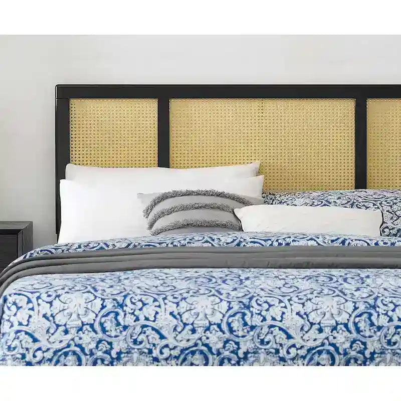 Queen Size Black Rubberwood Cane Panel Headboard Window Pane Height Adjustable